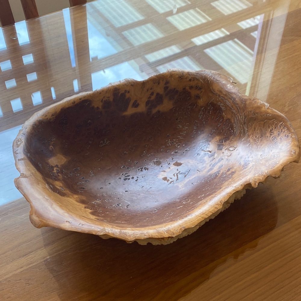 Handcrafted round fruit Mallee bowl 12.5 “ in length 10 “and width 3 “in depth.